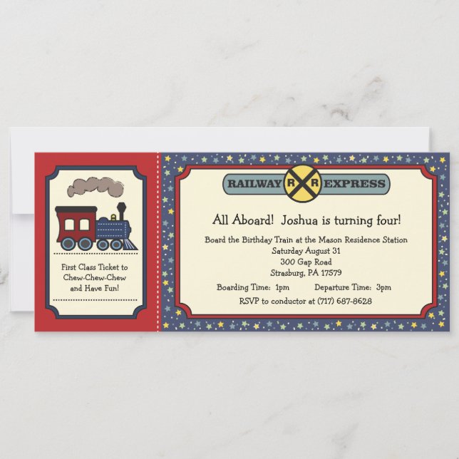 Invitation de billet de train - rouge rustique et (Devant)