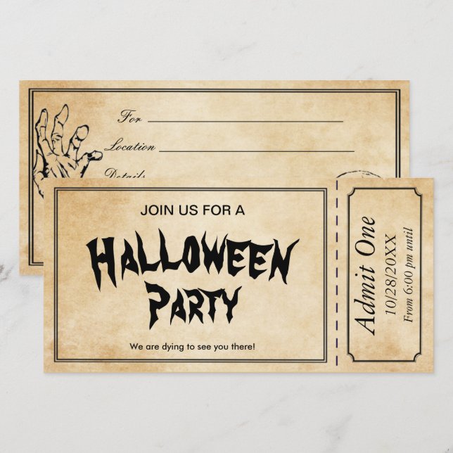 Invitation de billet pour la fête d'Halloween crân (Devant / Derrière)