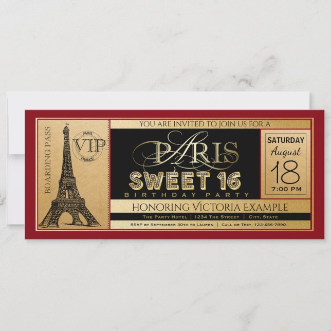 Invitation de billet Red Black Gold Paris Sweet 16 (Devant)
