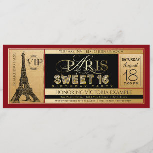 Invitation de billet Red Black Gold Paris Sweet 16