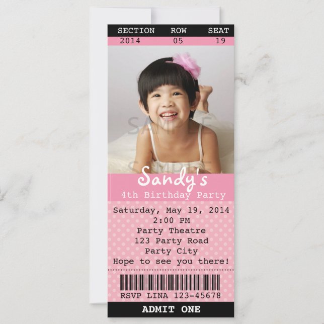 Invitation de billet (rose) avec photo - Théâtre/C (Devant)