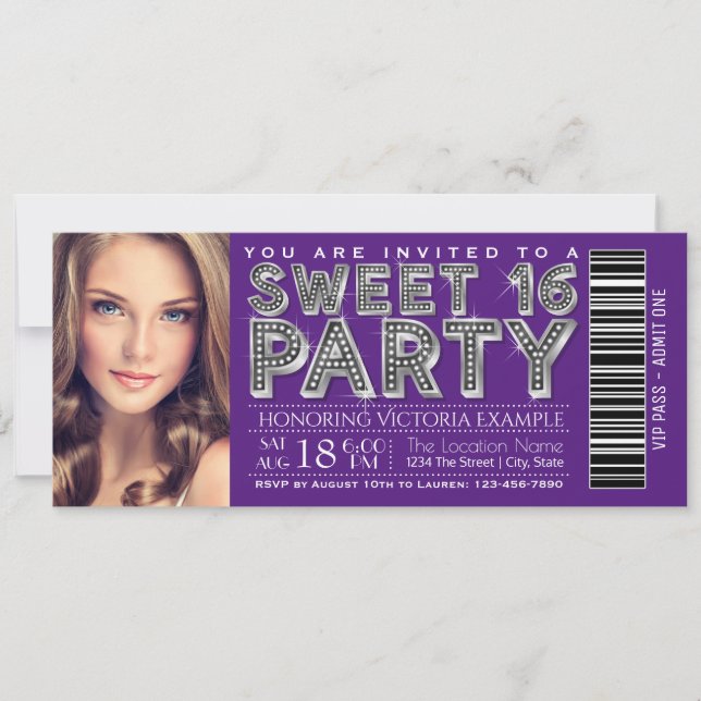 Invitation de billet Sweet 16 argent violet (Devant)