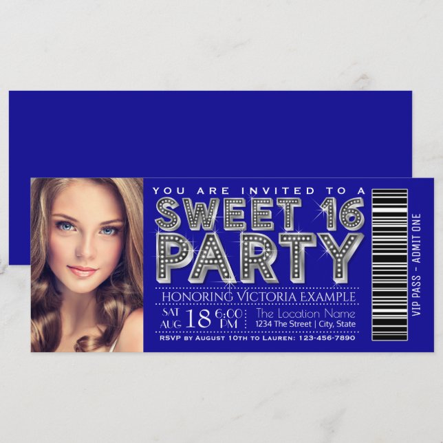 Invitation de billet Sweet 16 Bleu Royal Argent (Devant / Derrière)