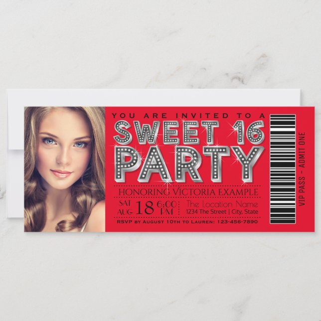 Invitation de billet Sweet 16 rouge noir (Devant)