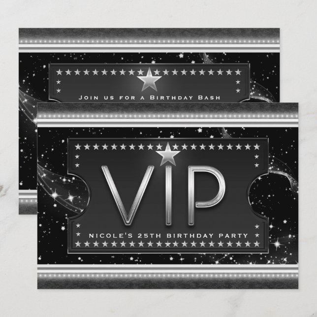 Invitation de billet VIP Black & Silver Chic Glam (Devant / Derrière)