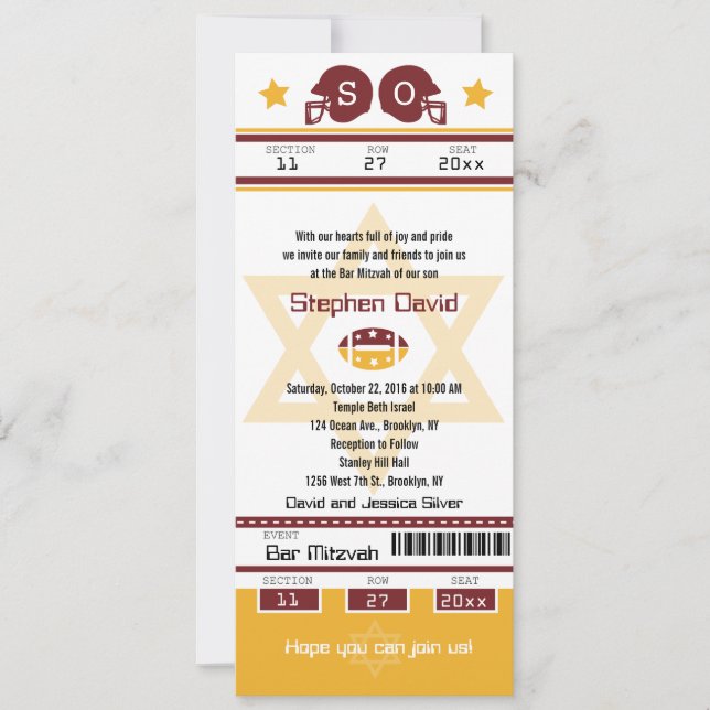 Invitation de Billets de Football Bar Mitzvah (Devant)