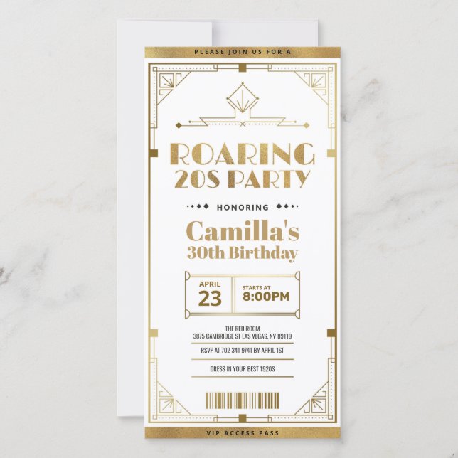 Invitation de billets Gatsby Art Déco Roaring 20s (Devant)