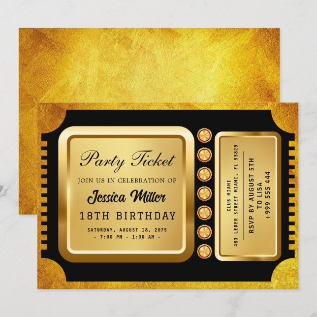 Invitation de billets Golden Party (Devant / Derrière)