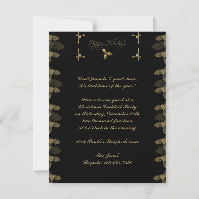 Invitation de Black and Gold Elegant Holly Party (Devant)