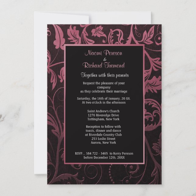 Invitation de Black and Raspberry Mariage damassé (Devant)