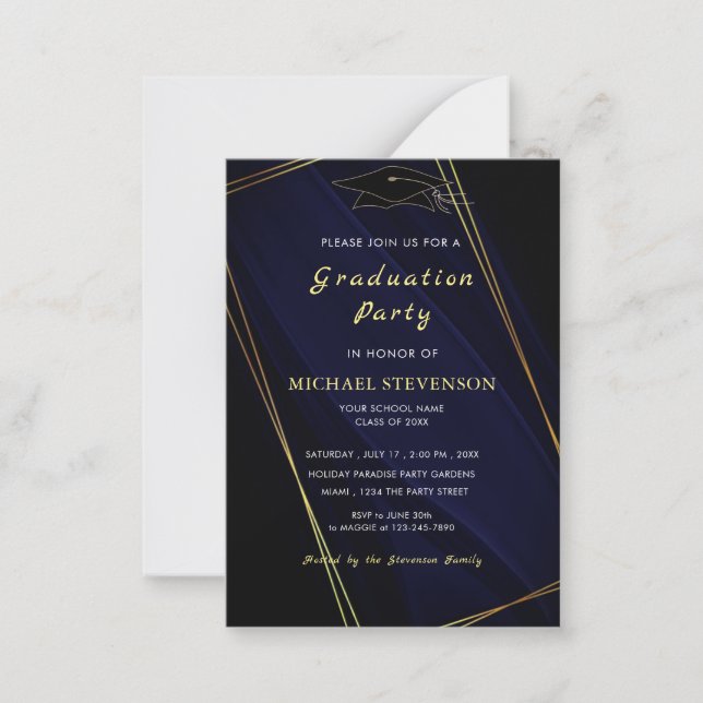 Invitation de Black Grad Party encadrée d'or moder (Devant)