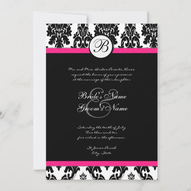 Invitation de Black Hot Pink Mariage damassé (Devant)
