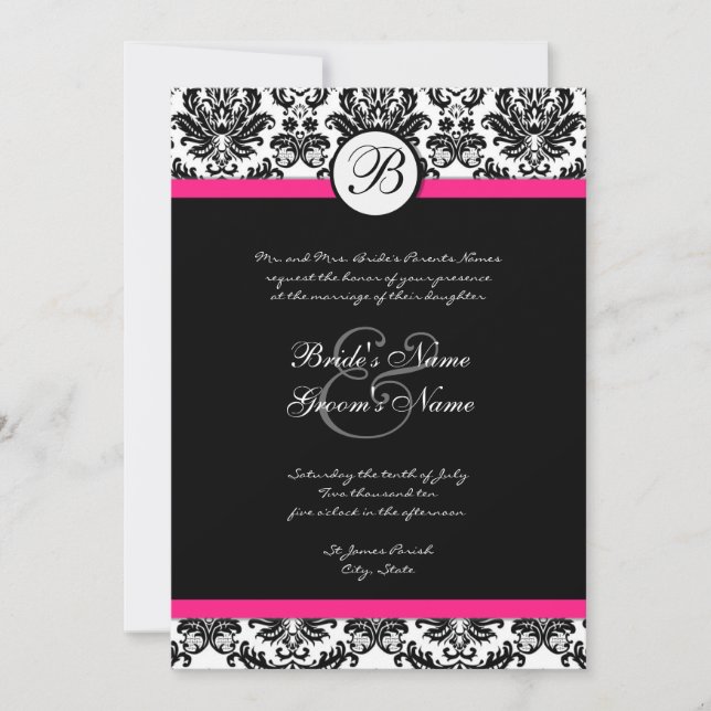 Invitation de Black Hot Pink Mariage damassé (Devant)
