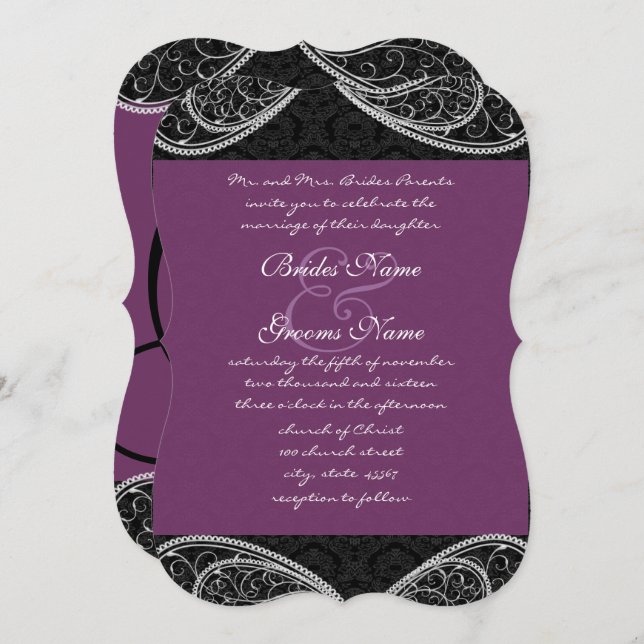 Invitation de Black Purple Paisley Mariage damassé (Devant / Derrière)
