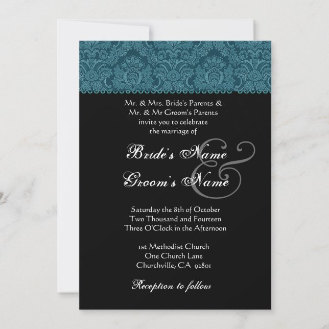 Invitation de Black White Mariage damassé Turquois (Devant)