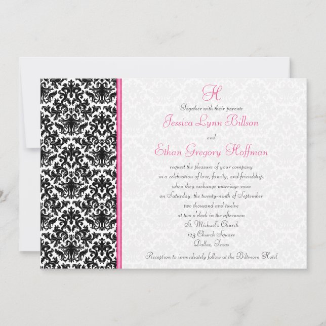 Invitation de Black, White, Pink Mariage damassé (Devant)