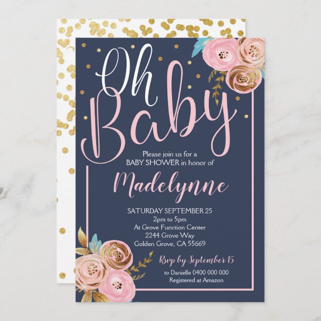 Invitation de Blush Navy et Gold Floral Baby showe (Devant / Derrière)