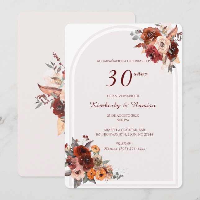 Invitation De Boda Vintage Orange 30 Anniversaire (Devant / Derrière)
