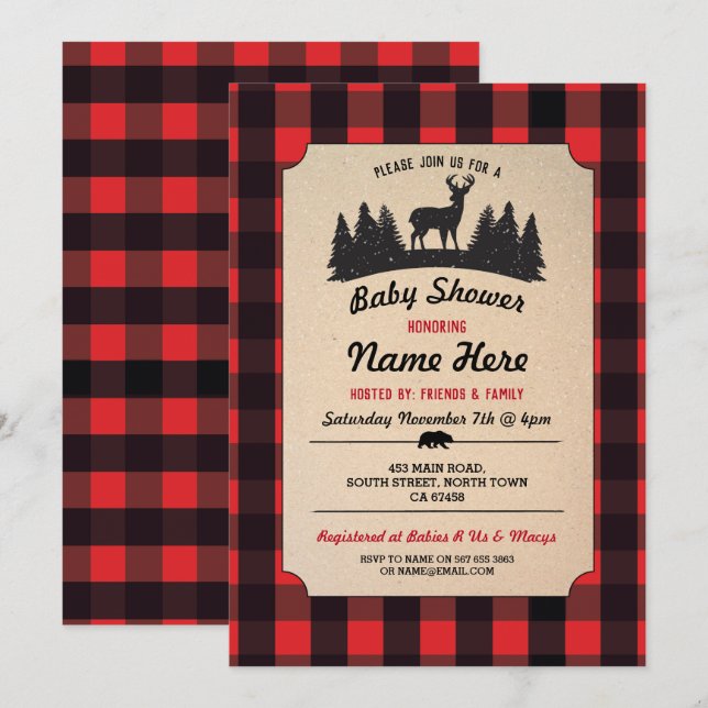 Invitation de bois du Baby shower rouge de Lumberj (Devant / Derrière)
