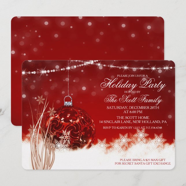 Invitation de boule de décoration rouge pour fête  (Devant / Derrière)