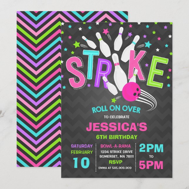 Invitation de Bowling Bowling Frappe d'anniversair (Devant / Derrière)