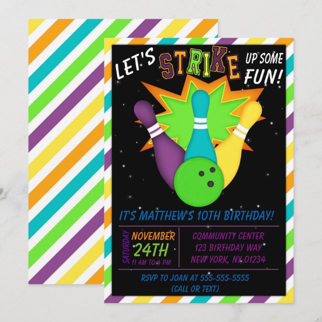 Invitation de Bowling Cosmique pour l'anniversaire (Devant / Derrière)