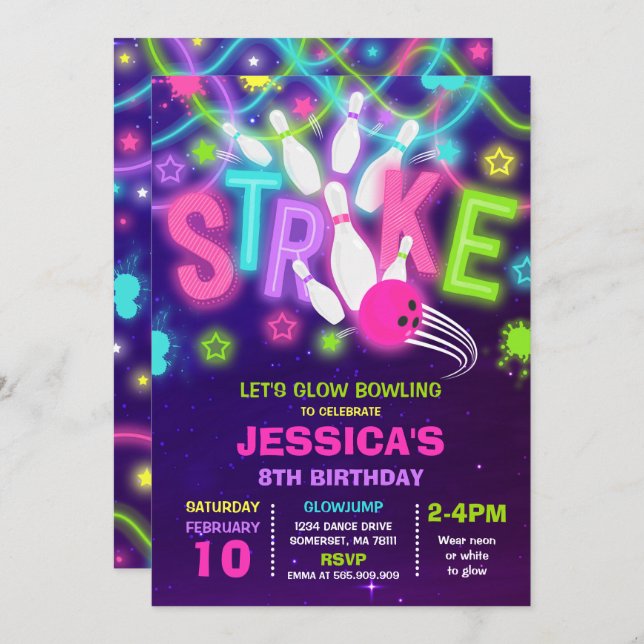 Invitation de bowling Neon Bowling Anniversaire (Devant / Derrière)