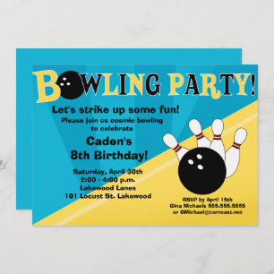 Invitation de Bowling Party - bleu et jaune
