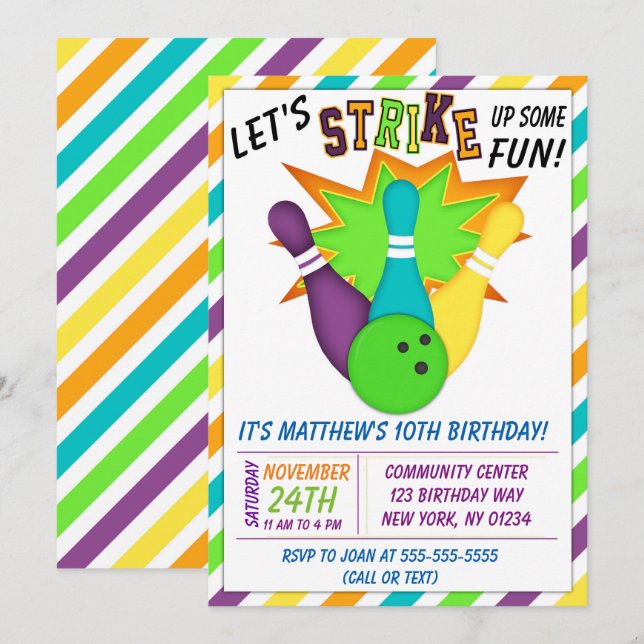 Invitation de Bowling pour une fête d'anniversaire (Devant / Derrière)
