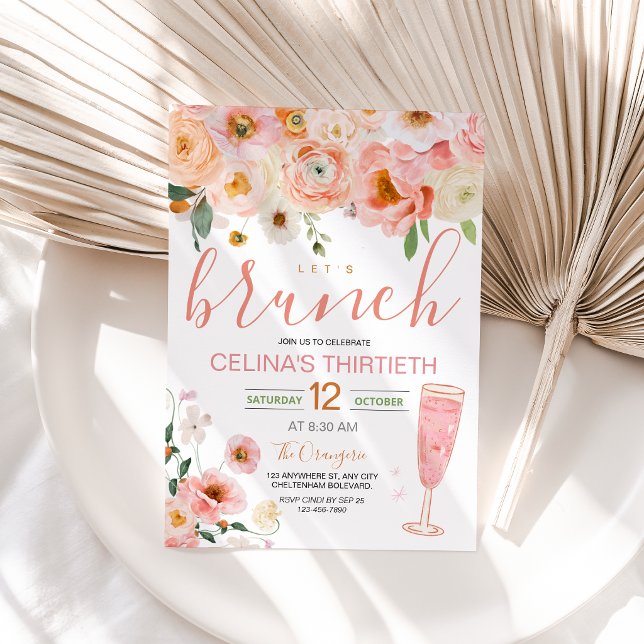 Invitation de brunch d'anniversaire au champagne r (Watercolor Floral Pink Champagne Birthday Brunch Invitation)