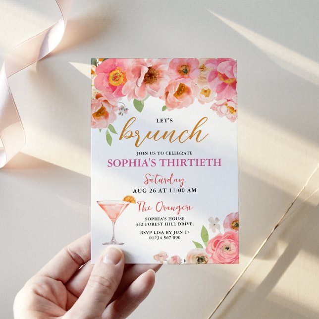 Invitation de brunch d'anniversaire de cocktail fl (Pink Watercolor Floral Cocktail Birthday Brunch Invitation)