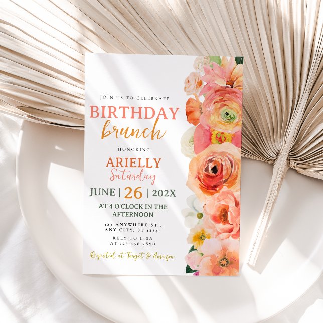 Invitation de brunch d'anniversaire florale aquare (Vibrant Coral Watercolor Floral Birthday Brunch Invitation)