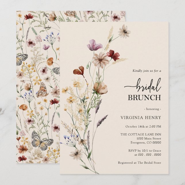 Invitation de brunch de mariage bohème floral (Devant / Derrière)