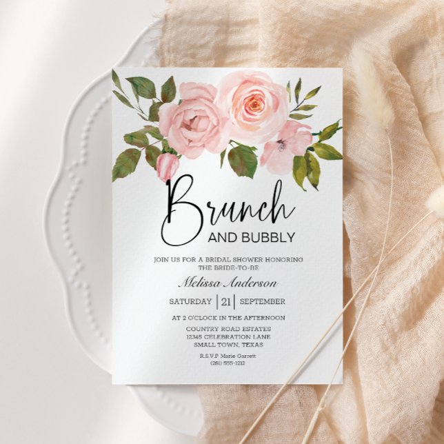 Invitation de brunch de mariage floral Roses rose  (Créateur téléchargé)