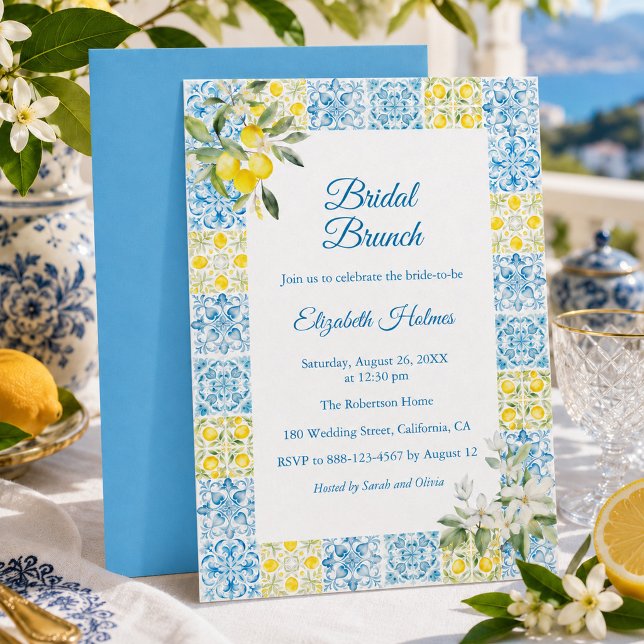 Invitation de brunch de mariage méditerranéen bleu (Mediterranean Blue Tile Lemon Bridal Brunch Invitation)