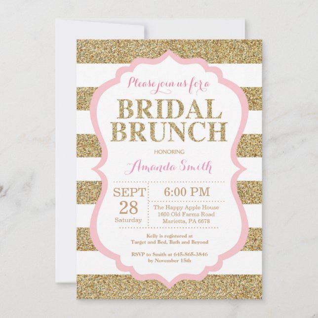 Invitation de brunch de mariage rose et or avec pa (Devant)