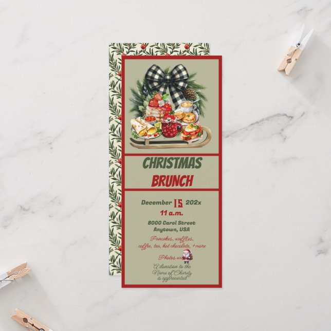 Invitation de brunch de Noël avec décoration rouge (Devant/Arrière en situation)