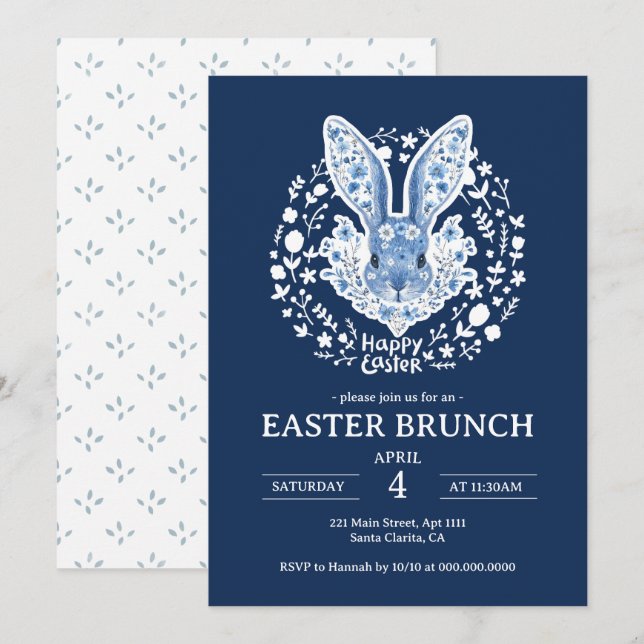 Invitation de brunch de Pâques Blue Chinoiserie Bu (Devant / Derrière)