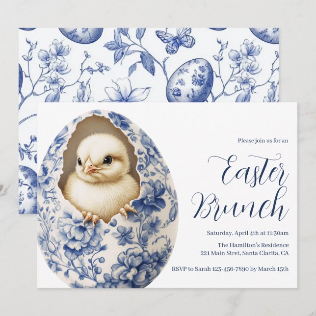 Invitation de brunch de Pâques Œuf Chinoiserie Ble (Devant / Derrière)