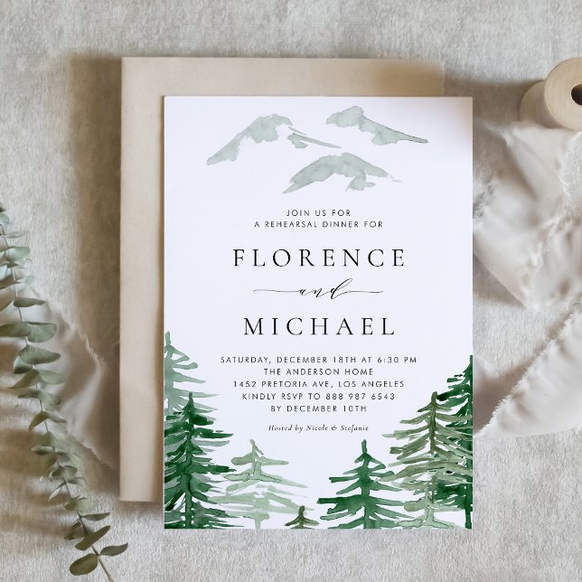 Invitation de brunch de répétition de forêt aquare (Woodland rehearsal brunch invitation featuring watercolor forest. Perfect for winter weddings.)