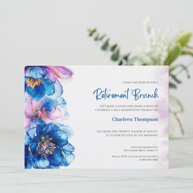 Invitation de brunch de retraite à motif floral bl (Debout devant)