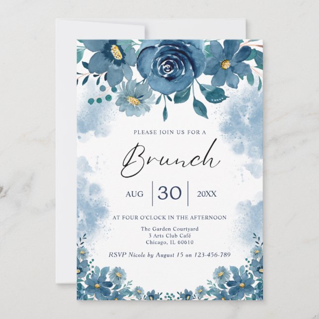 Invitation de brunch florale à fumée bleu marine (Devant)