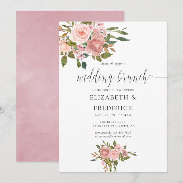Invitation de Brunch Mariage rose et Rose (Devant / Derrière)