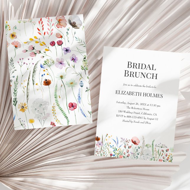 Invitation de Brunch nuptial Fleur sauvage Waterco (Watercolor Wildflowers Bridal Brunch Invitation on a sunny neutral dry palm leaf.)