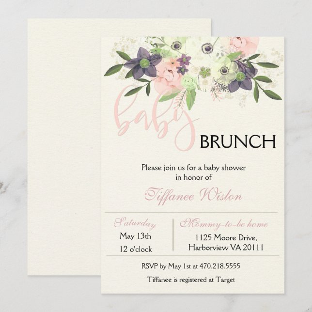 Invitation de brunch pour Baby Shower Fleur rose f (Devant / Derrière)