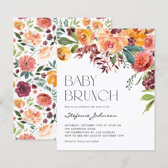 Invitation de brunch pour bébé automnal avec bouqu (Devant / Derrière)
