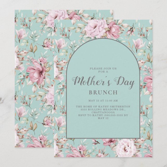 Invitation de brunch pour la fête des mères rose p (Devant / Derrière)
