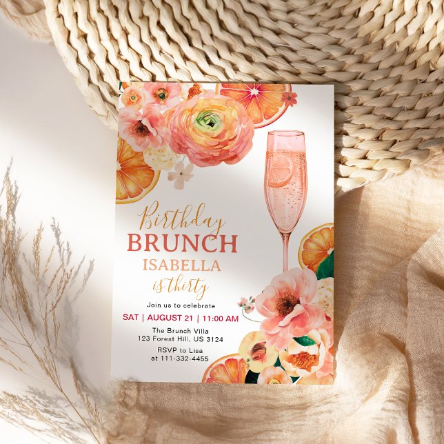 Invitation de brunch pour les 30 ans Citron Champa (Citrus Fruit Pink Champagne 30th Birthday Brunch Invitation)