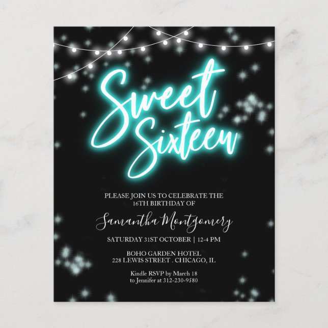 Invitation de budget de néon sarcelle de Bday de 1 (Devant)