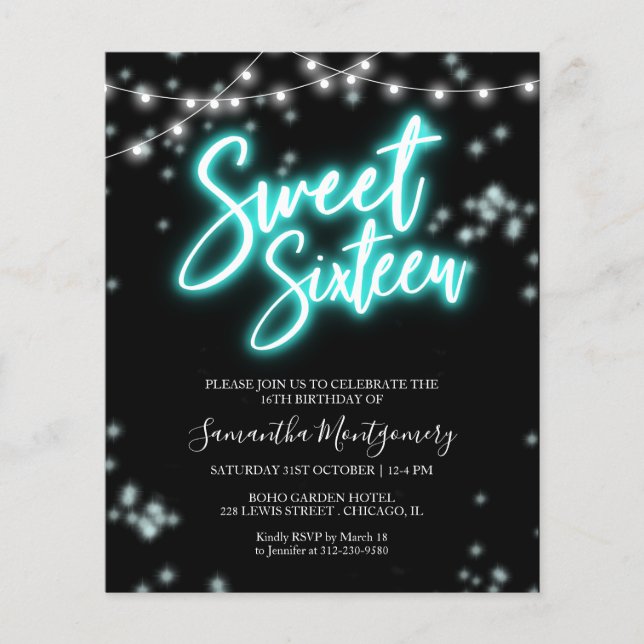 Invitation de budget de néon sarcelle de Bday de 1 (Devant)